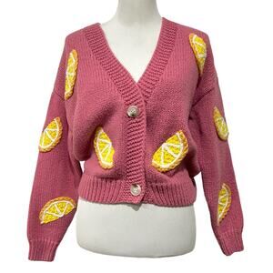 Dreamers By Debut Cardigan Puffy Lemon Fruit Novelty Sweater Pink Chunky Sz S